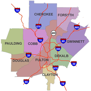 map of 8 Cobb, Cherokee, Clayton, Dekalb, Forsyth, Fulton, Gwinnett, and Paulding Counties service area